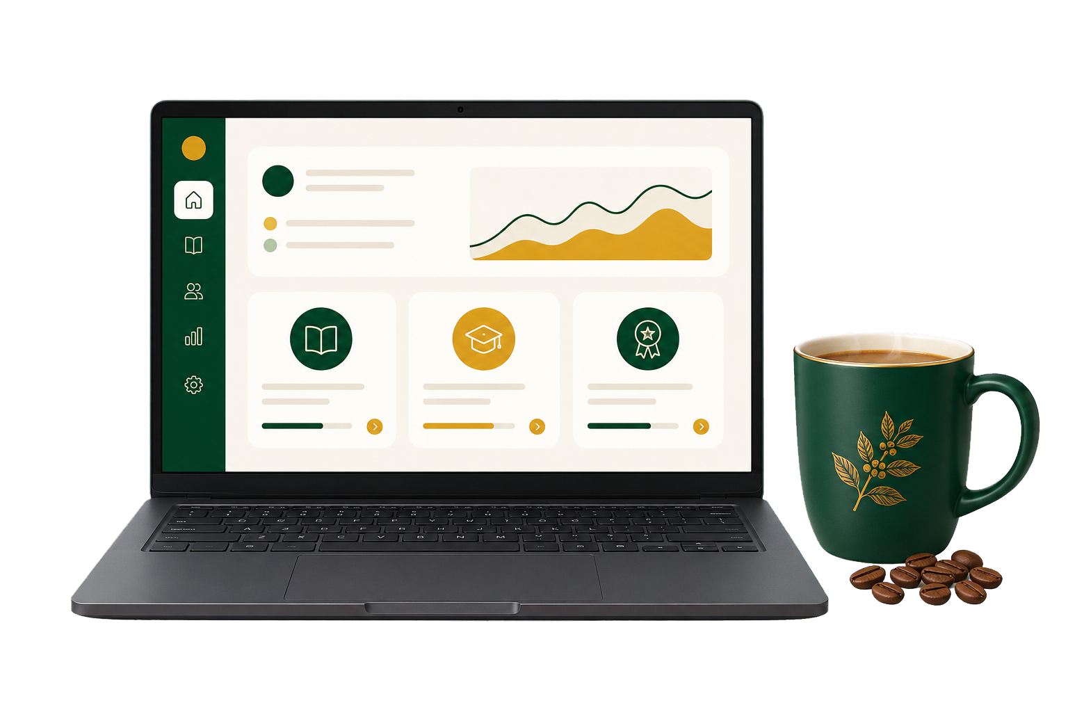 Computadora y taza de café de la plataforma de aprendizaje
